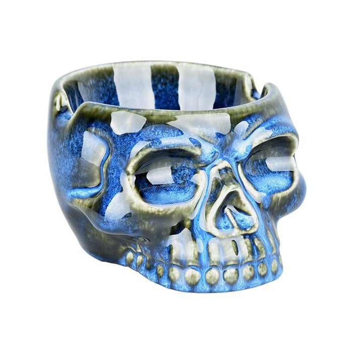 Blue Glazed Ceramic Skull Ashtray